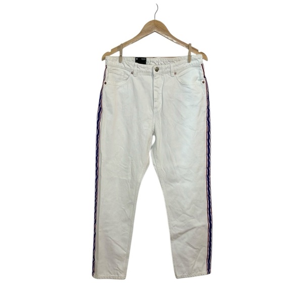 Monki White Mid-Rise Jeans With Red white blue braid, moluna, 32 - Picture 1 of 8